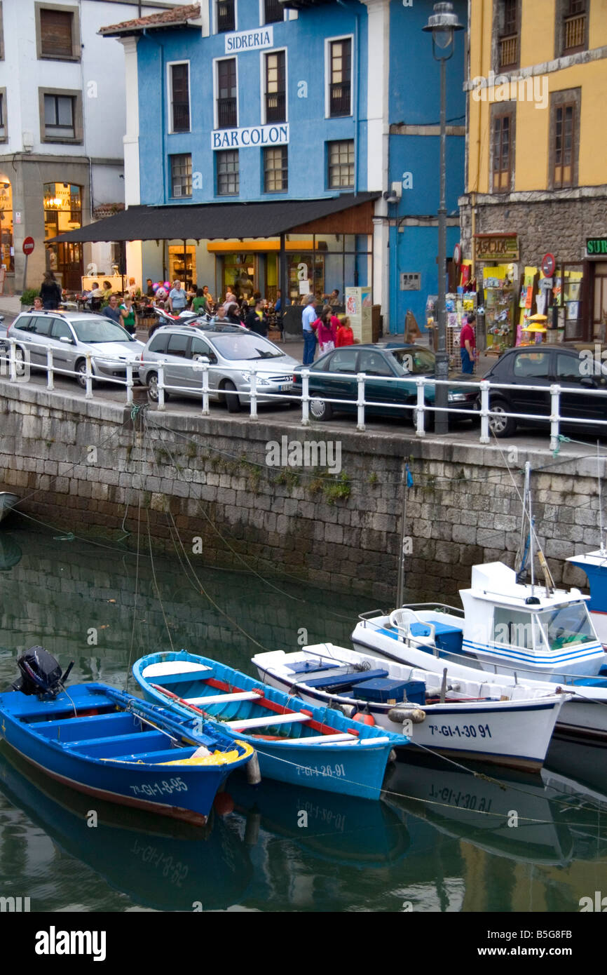 Harbor and storefronts at the fishing port of Llanes Asturias Spain Stock Photo