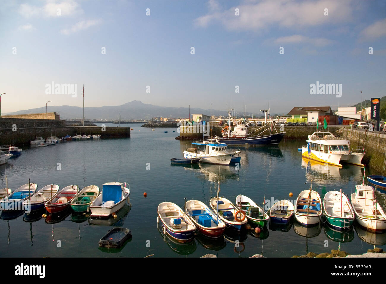 Boats in the Txingudi Bay at the town of Hondarribia Guipuzcoa Basque Country Northern Spain Stock Photo