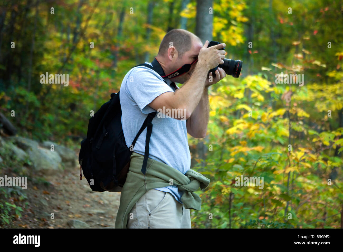 A male adult photographing nature along a trail, Old Rag Mountain, Shenandoah National Park, Virginia. Stock Photo