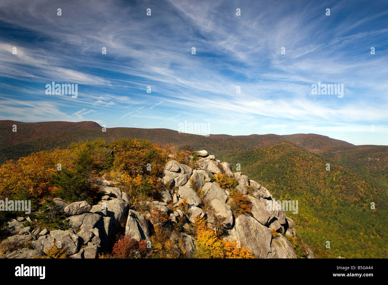 View of valley and mountains with blue sky from Old Rag Mountain, Shenandoah National Park, Virginia. Stock Photo