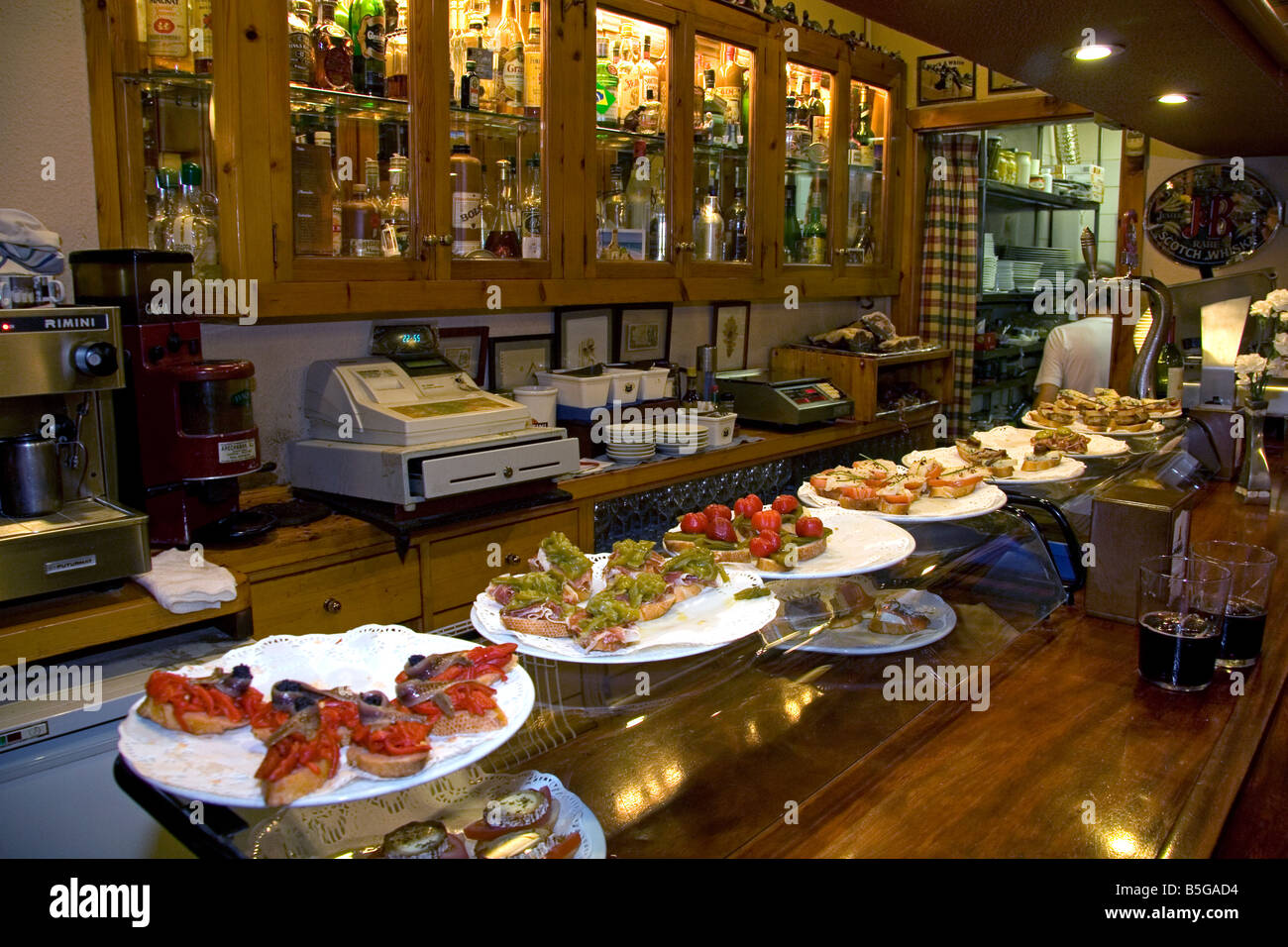 Plates of pintxos served at a bar in the city of Bilbao Biscay Basque Country nothren Spain Stock Photo