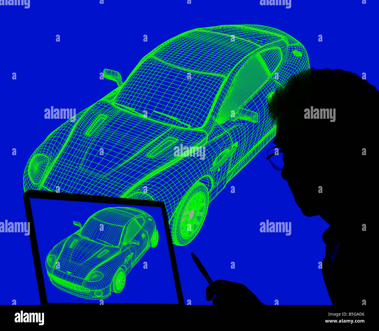 automotive designer studying automobile wire frame design on monitor Stock Photo