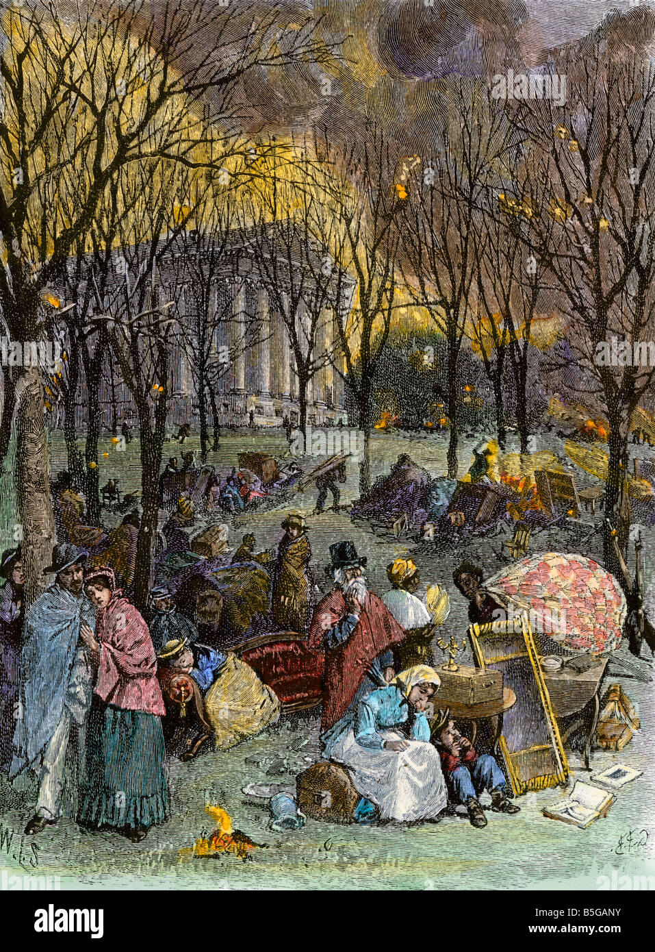 Citizens huddled in Capitol Square during the burning of Richmond by its own citizens 1865. Hand-colored woodcut Stock Photo