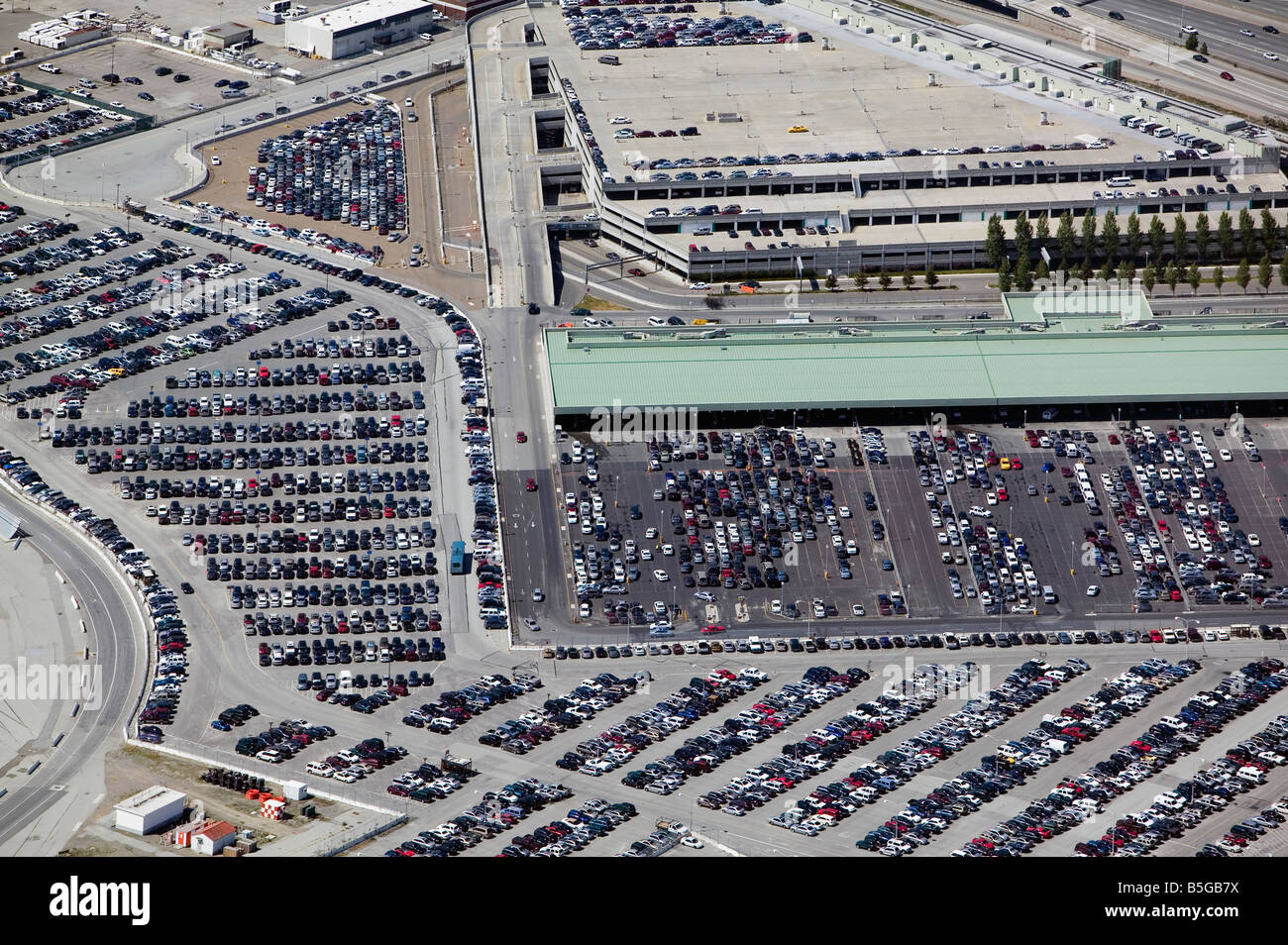 aerial view above many cars parked at San Francisco International airport SFO Stock Photo
