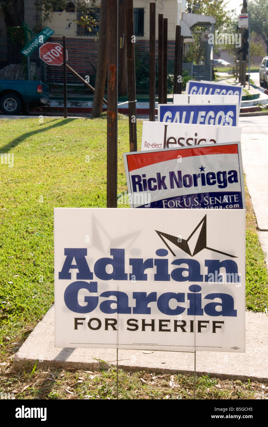 Houston's East End neighborhood, political signs for Hispanic candidates Stock Photo