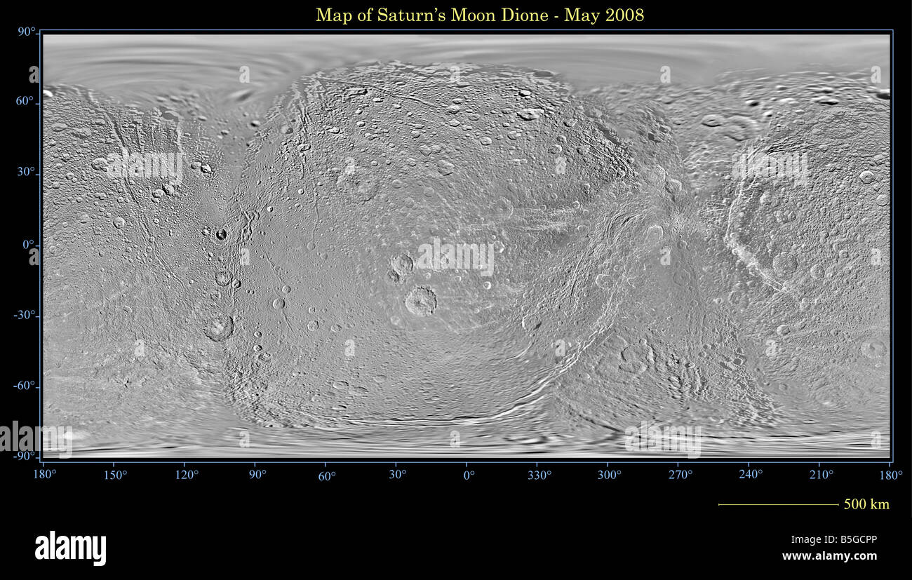 Global map of Saturn's moon Dione. Stock Photo