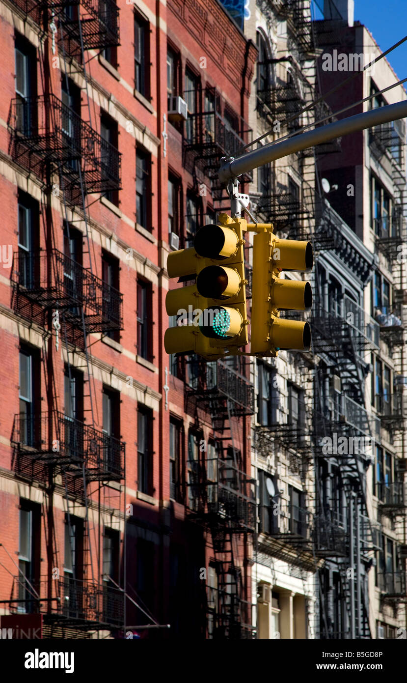 Traffic lights and fire escapes soho, new york,new york, usa. Stock Photo