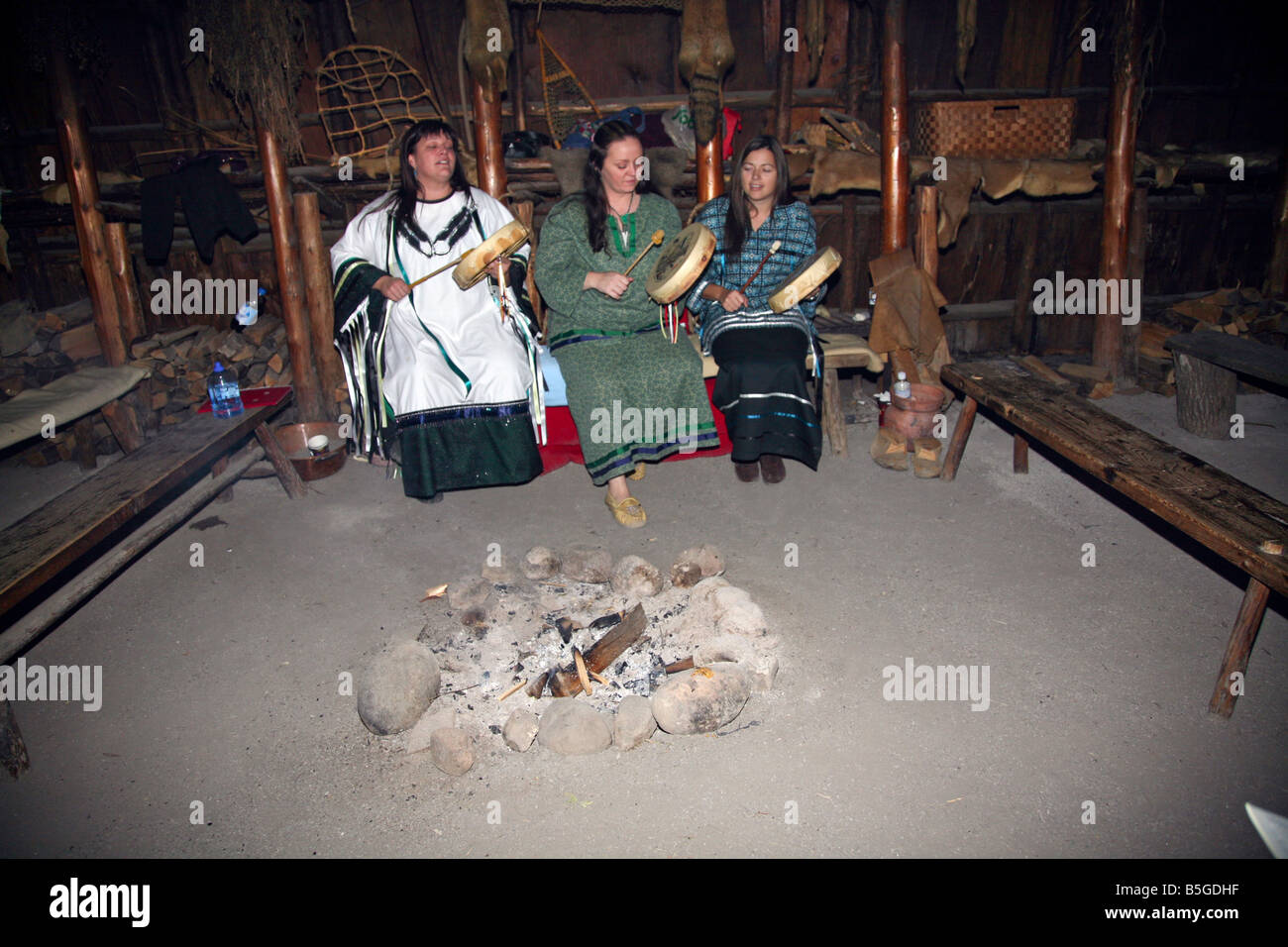 Three Indian women of Huron-Jesuit Aboriginal Indian Village near Midland Ontario Canada Stock Photo