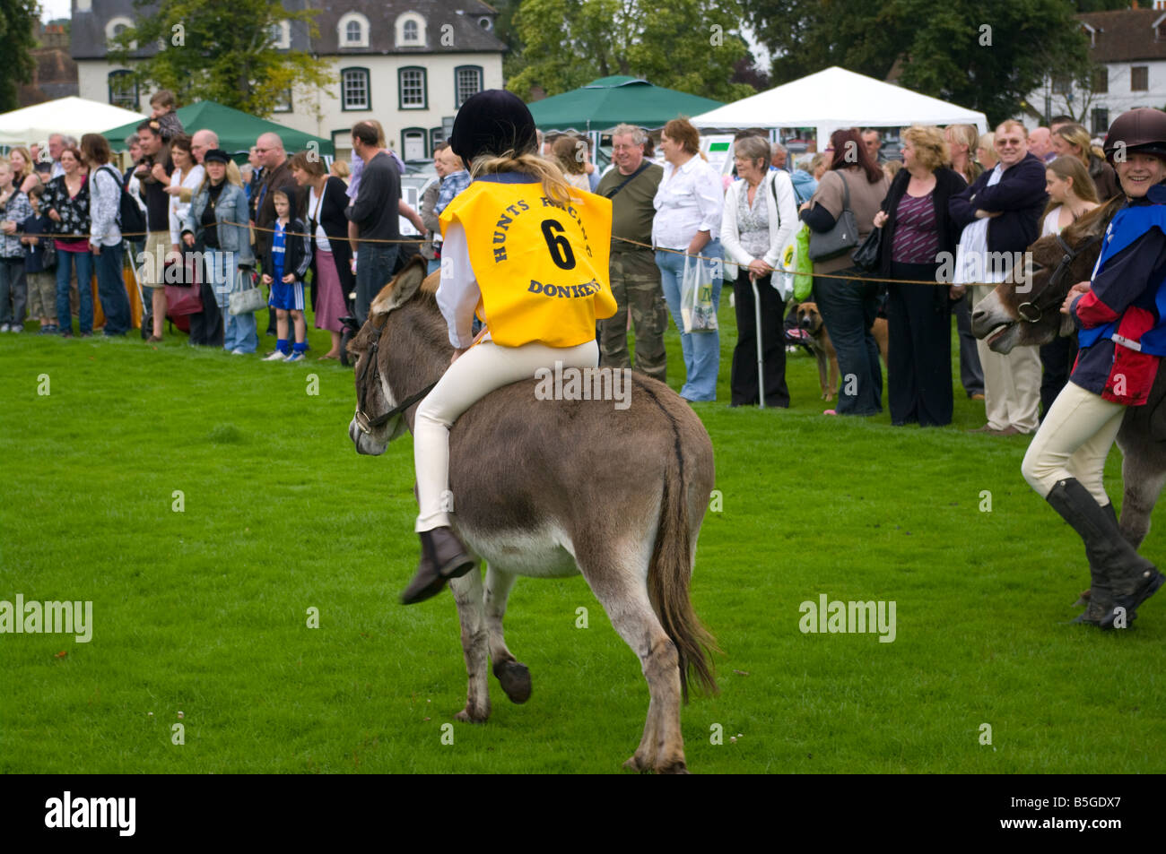 Donkey Derby with rider Godstone Village Fete Surrey wearing number 6 Six Stock Photo
