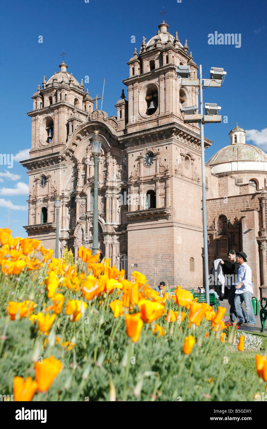 Cusco cathdral with California poppies in the foreground. Stock Photo