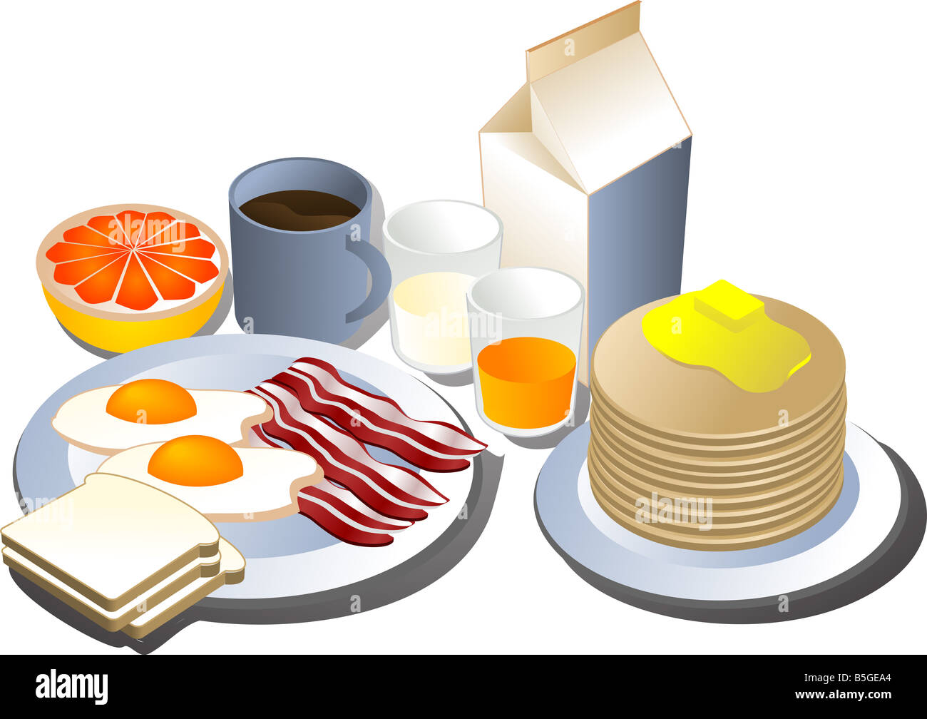 Complete breakfast isometric style illustration bacon eggs bread milk ...
