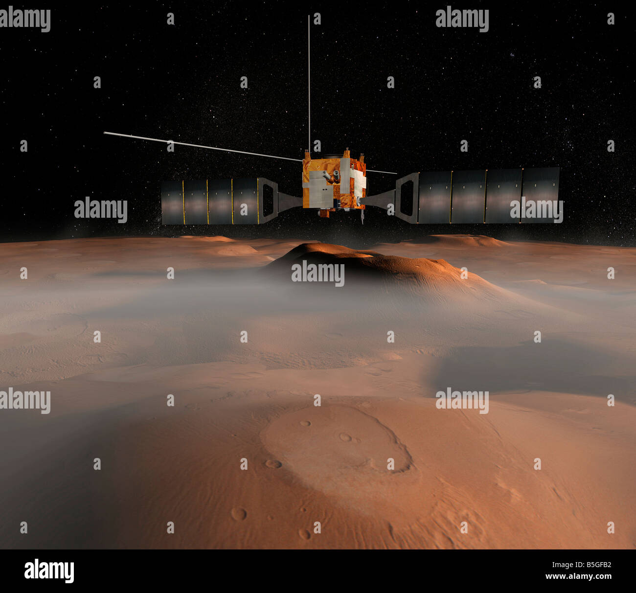 Artist's concept of Mars Express spacecraft in orbit around Mars. Stock Photo