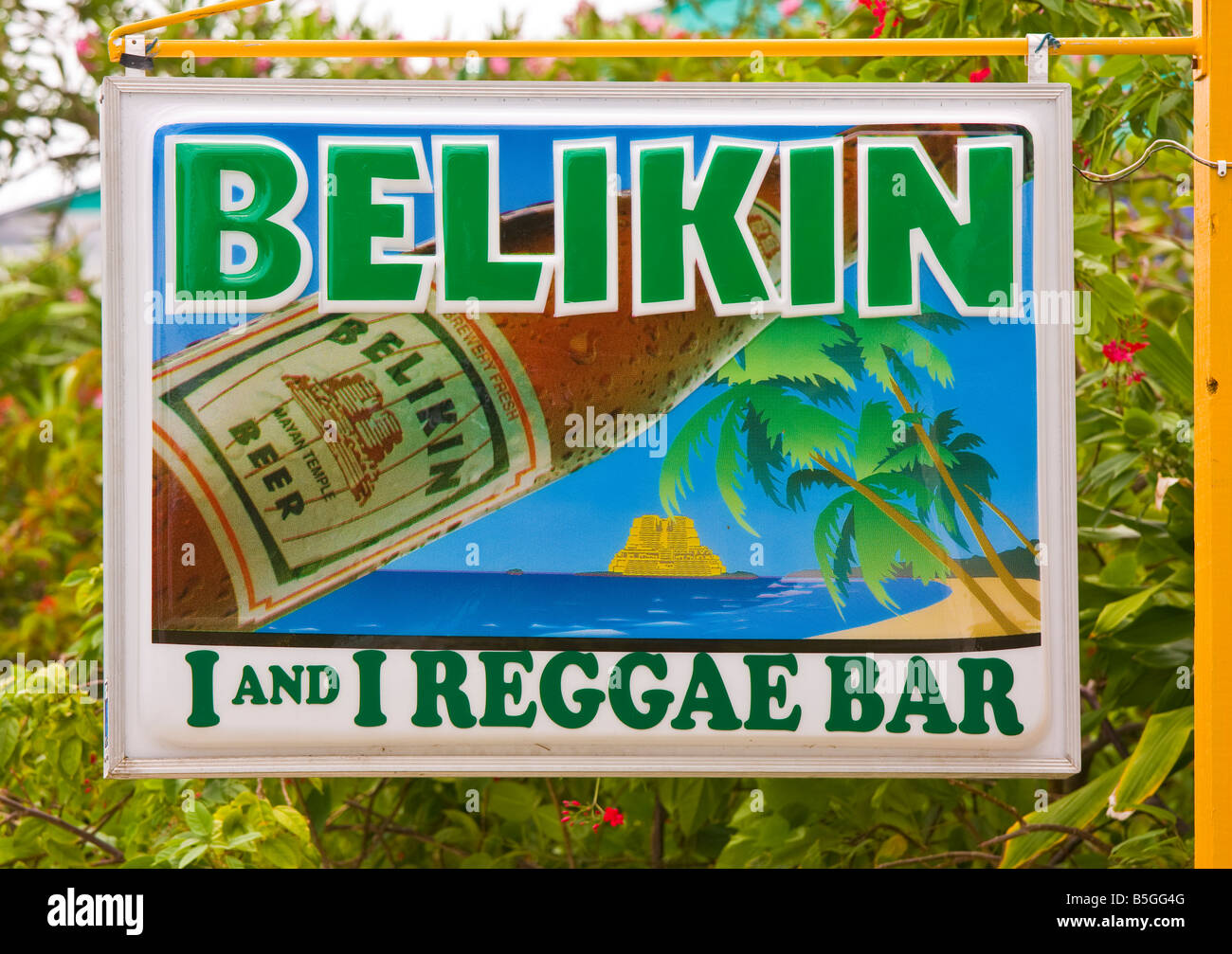 CAYE CAULKER BELIZE - Belikin Beer sign at bar Stock Photo