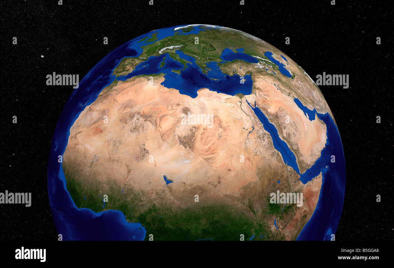 The Blue Marble Next Generation Earth showing the three regions in North Africa: The Sahara, the Sahel, and the Sudan. Stock Photo