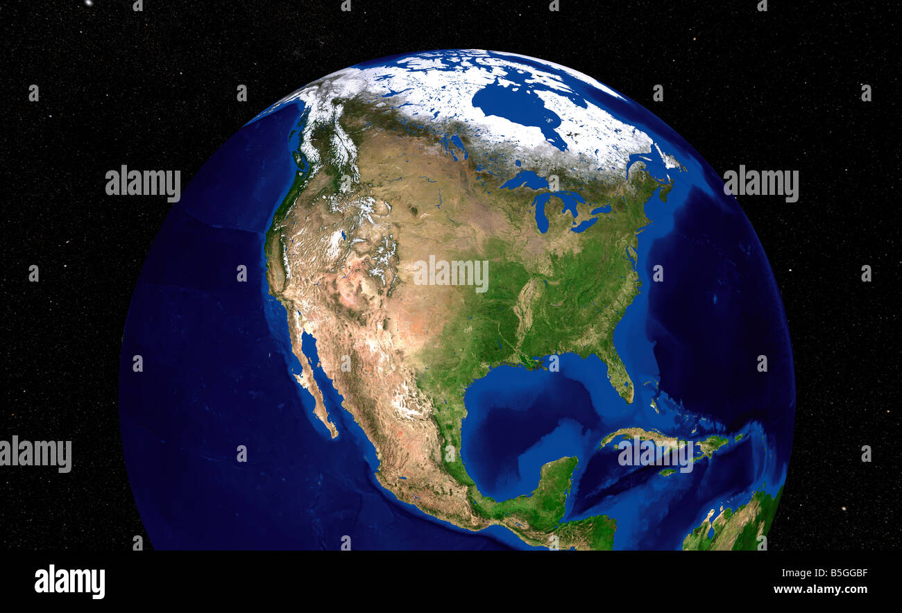 The Blue Marble Next Generation Earth showing a view of North America. Stock Photo