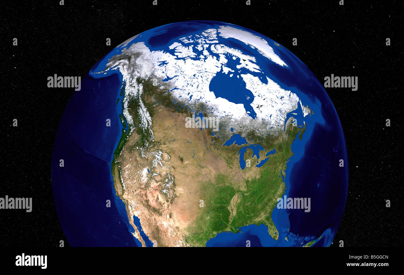 The Blue Marble Next Generation Earth showing a view of the United States, Canada, and Greenland. Stock Photo