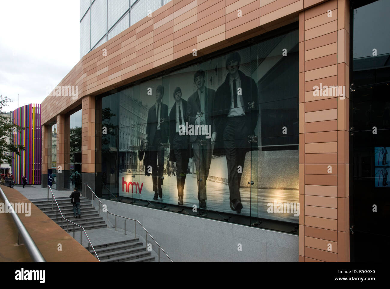 HMV shop in Liverpool ONE shopping centre with giant Beatles poster