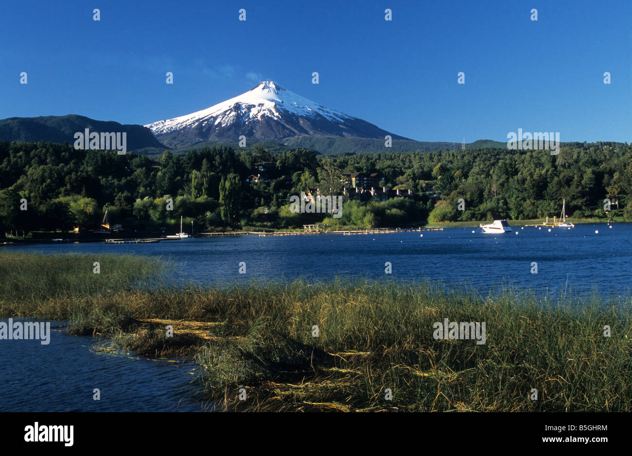 Lake Villarrica and Villarrica volcano from Pucon, Chile Stock Photo