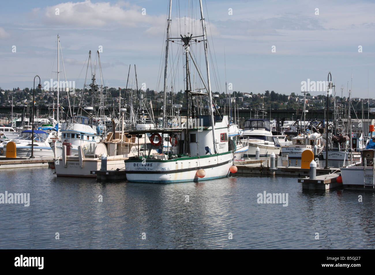 Boats moored at the Fisherman's Terminal in Seattle, Washington. Stock Photo