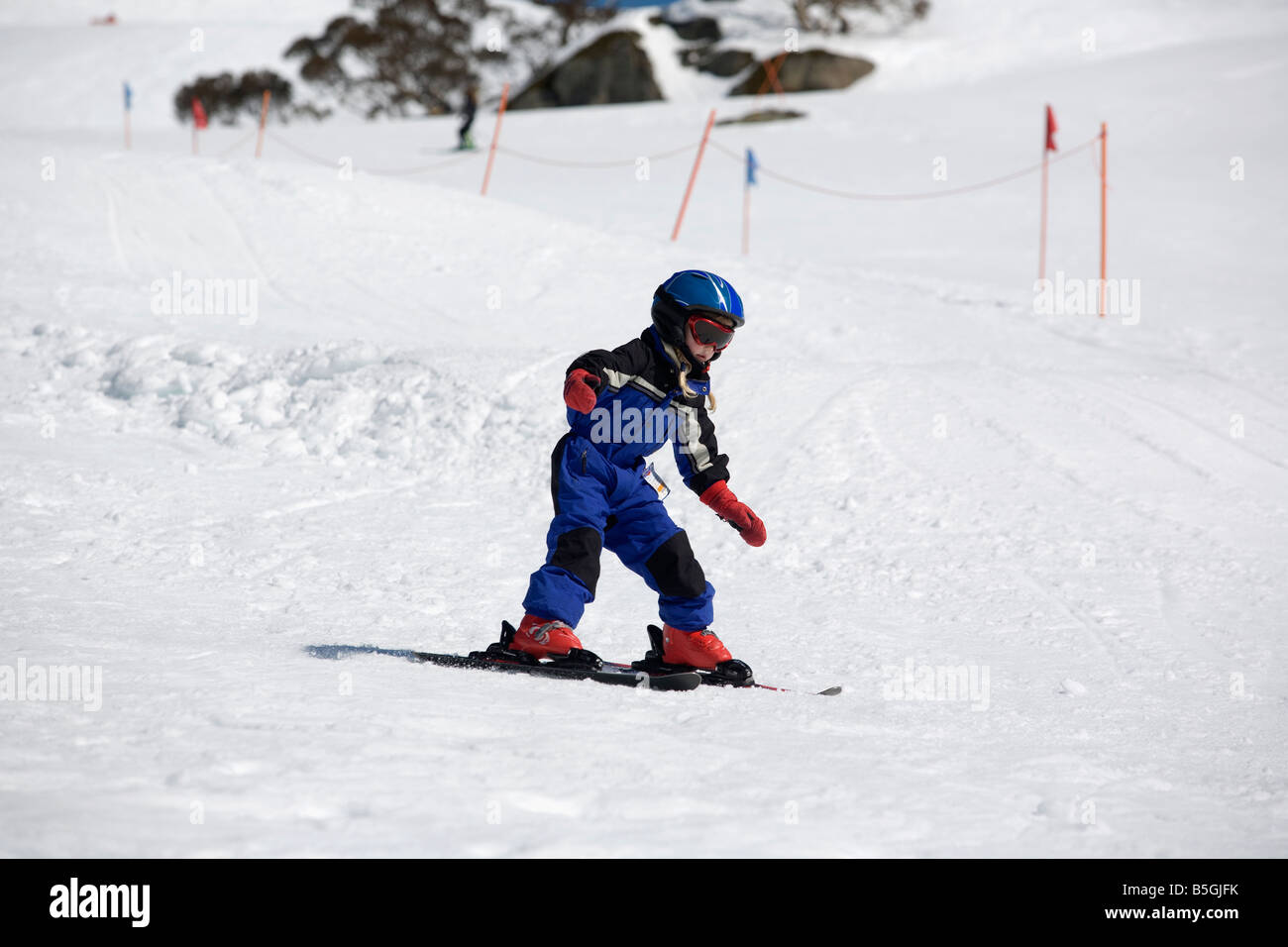 Six Year Old Girl Learning to Ski Charlotte Pass Ski Resort Snowy Mountains New South Wales Australia Stock Photo