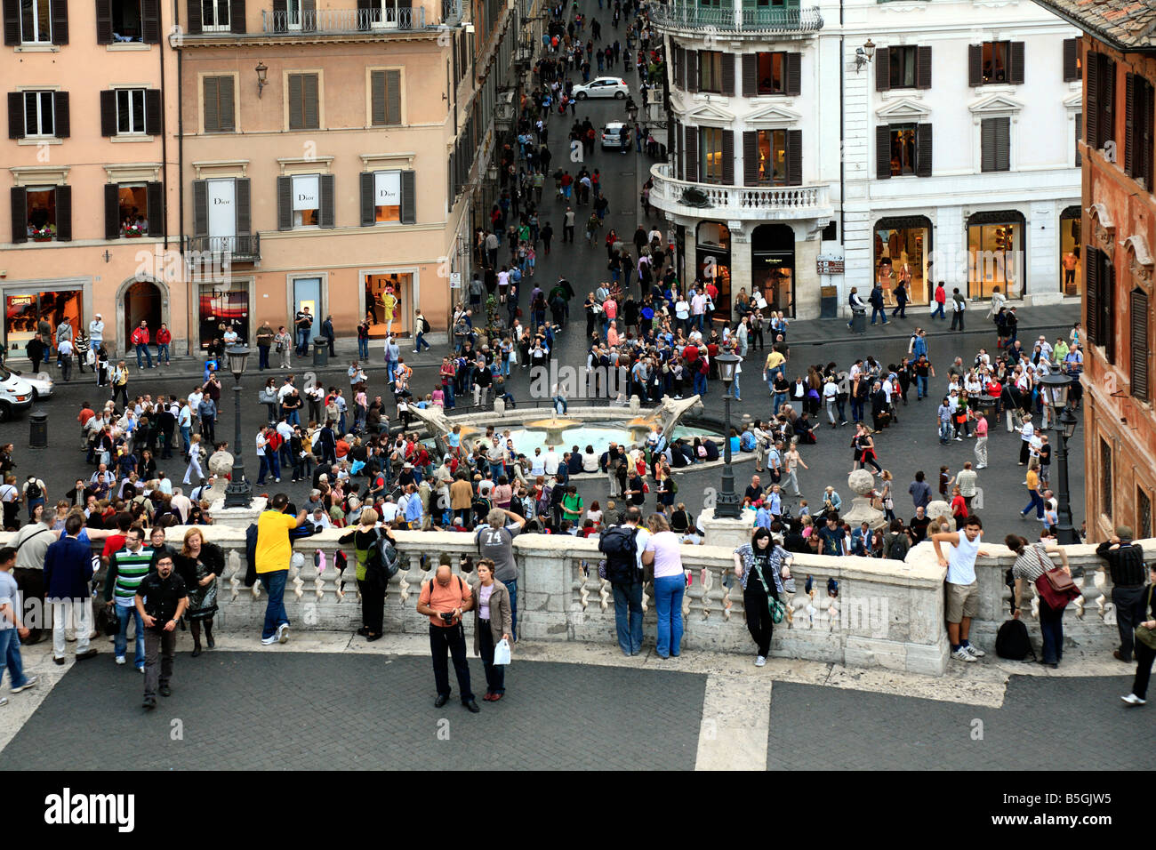 View down the Spanish Steps to the Fontana della Barcaccia and the Via Condotti Piazza di Spagna Rome Italy Stock Photo