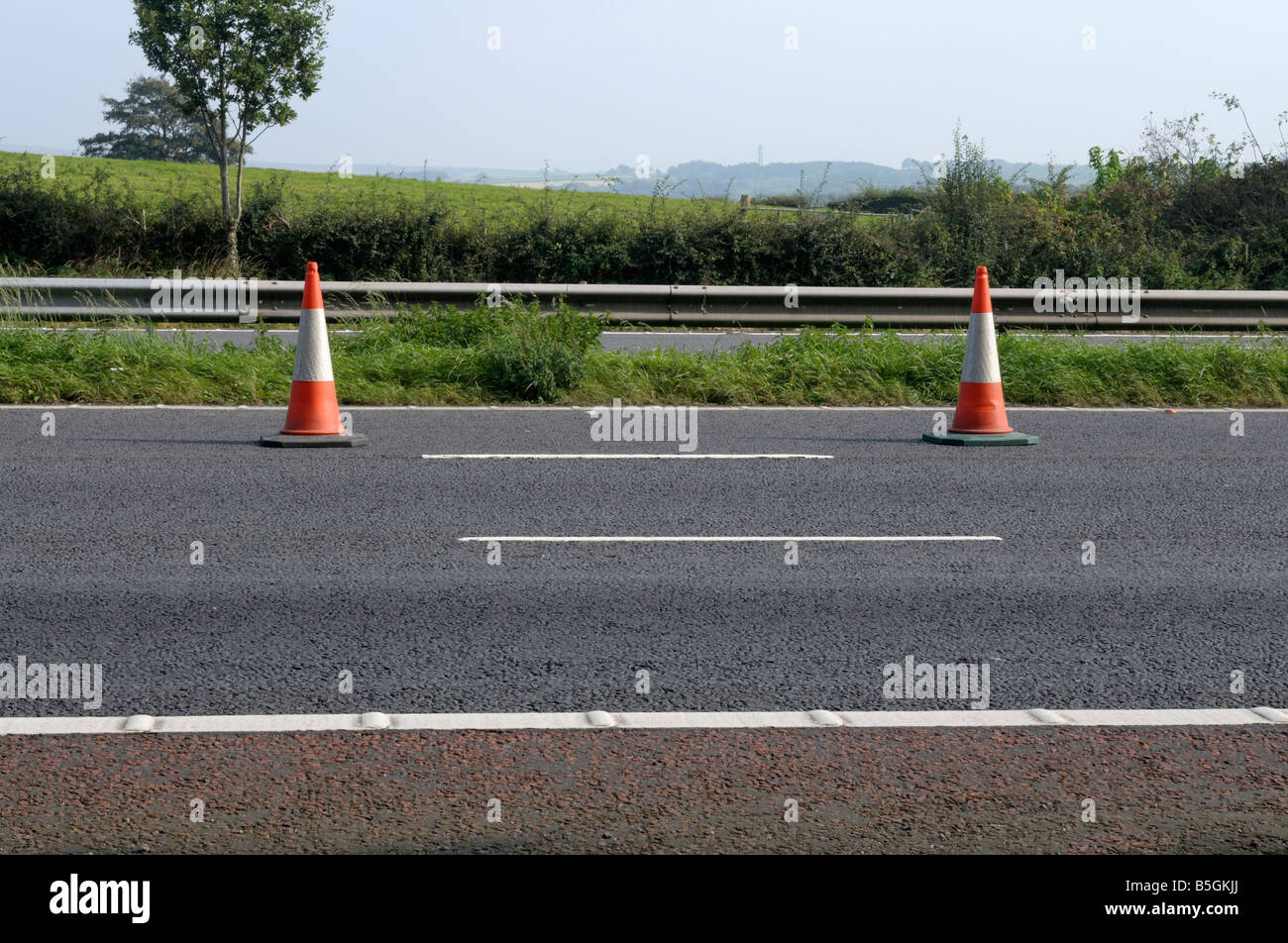 Traffic cones on a motorway Stock Photo