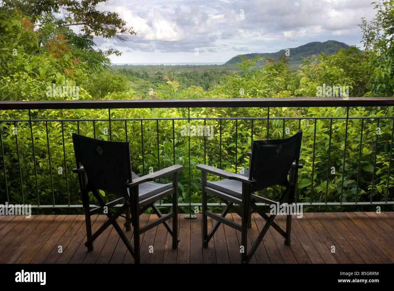 Balcony overlooking the Daintree Rainforest, at The Cockatoo Hill Retreat, Australia Stock Photo