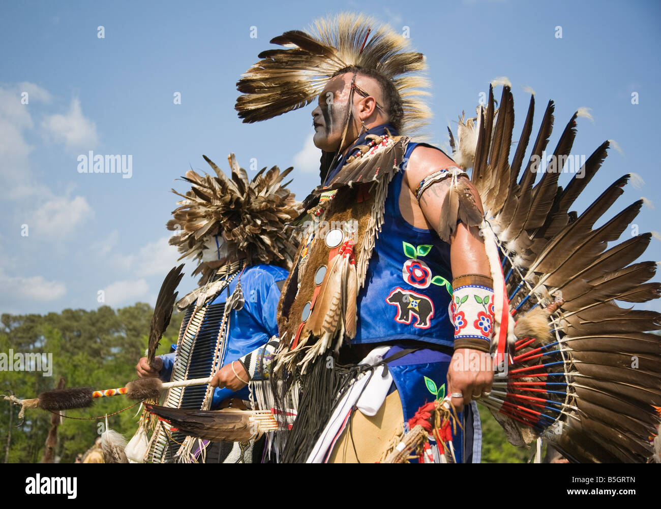 Native American from the Micmac tribe of Canada (far side) and his 'dancing brother' at the 8th Annual Redwing PowWow, Virginia. Stock Photo