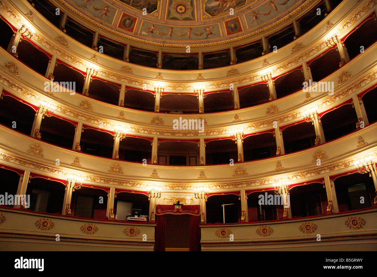 Jesi's 18th C theatre, Teatro Pergolesi, home to a prestigous annual opera season.memorial to composer Pergolesi was born 1710 Stock Photo