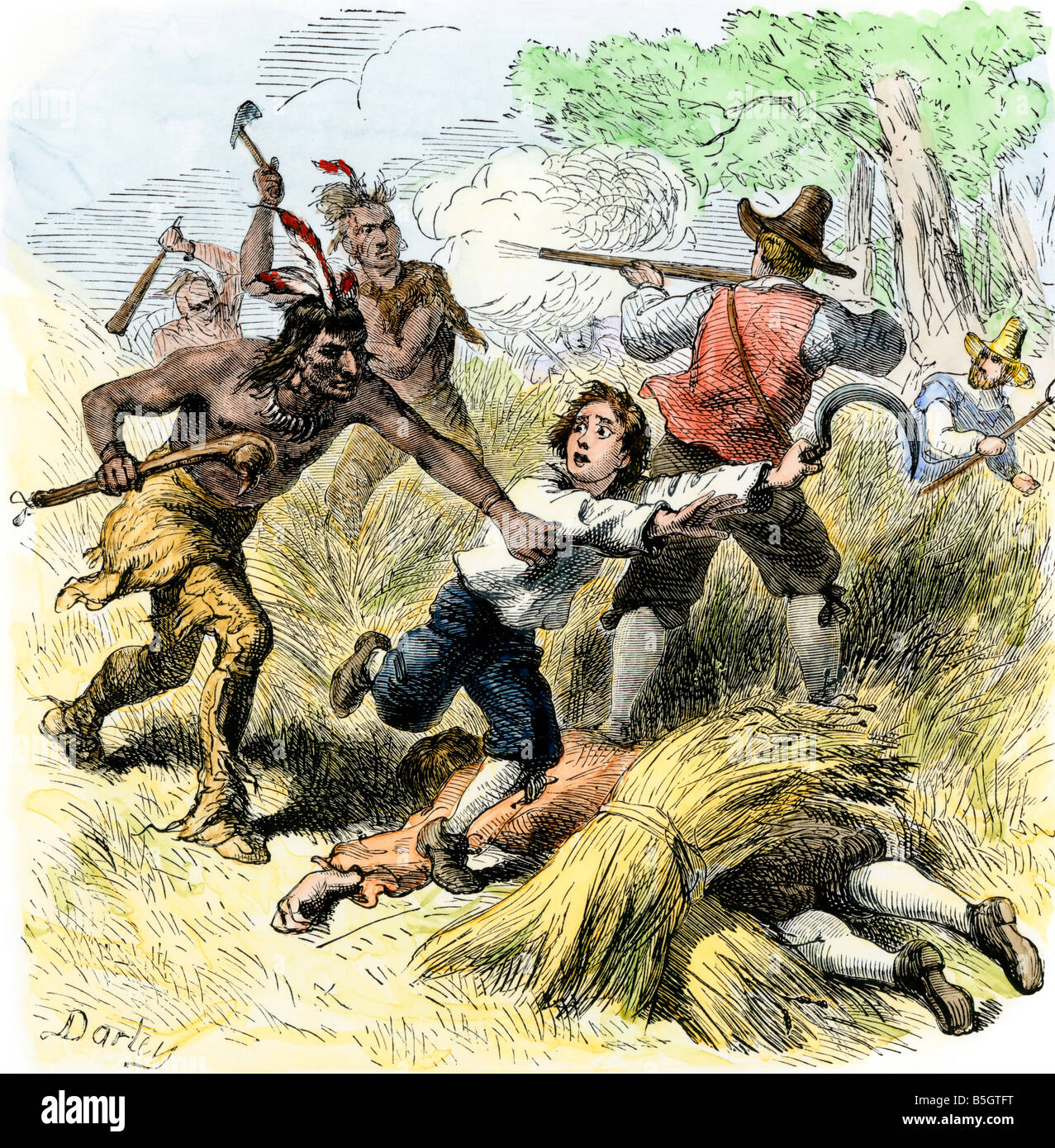 Native American raid on settlers in New England during King Philip's War 1675. Hand-colored woodcut Stock Photo