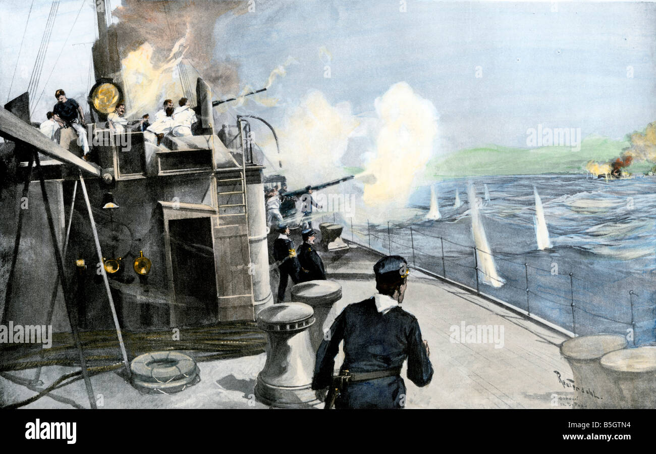 US Navy cruiser St. Paul shelling Spanish destroyer Terror off San Juan Puerto Rico 1898. Hand-colored halftone of an illustration Stock Photo