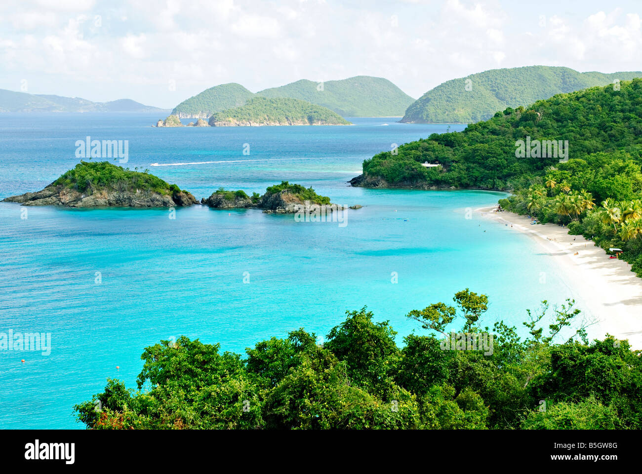 ST JOHN, US Virgin Islands - Elevated view of the beautiful Trunk Bay, an iconic white sandy beach on St. John, US Virgin Islands in the Caribbean. Stock Photo