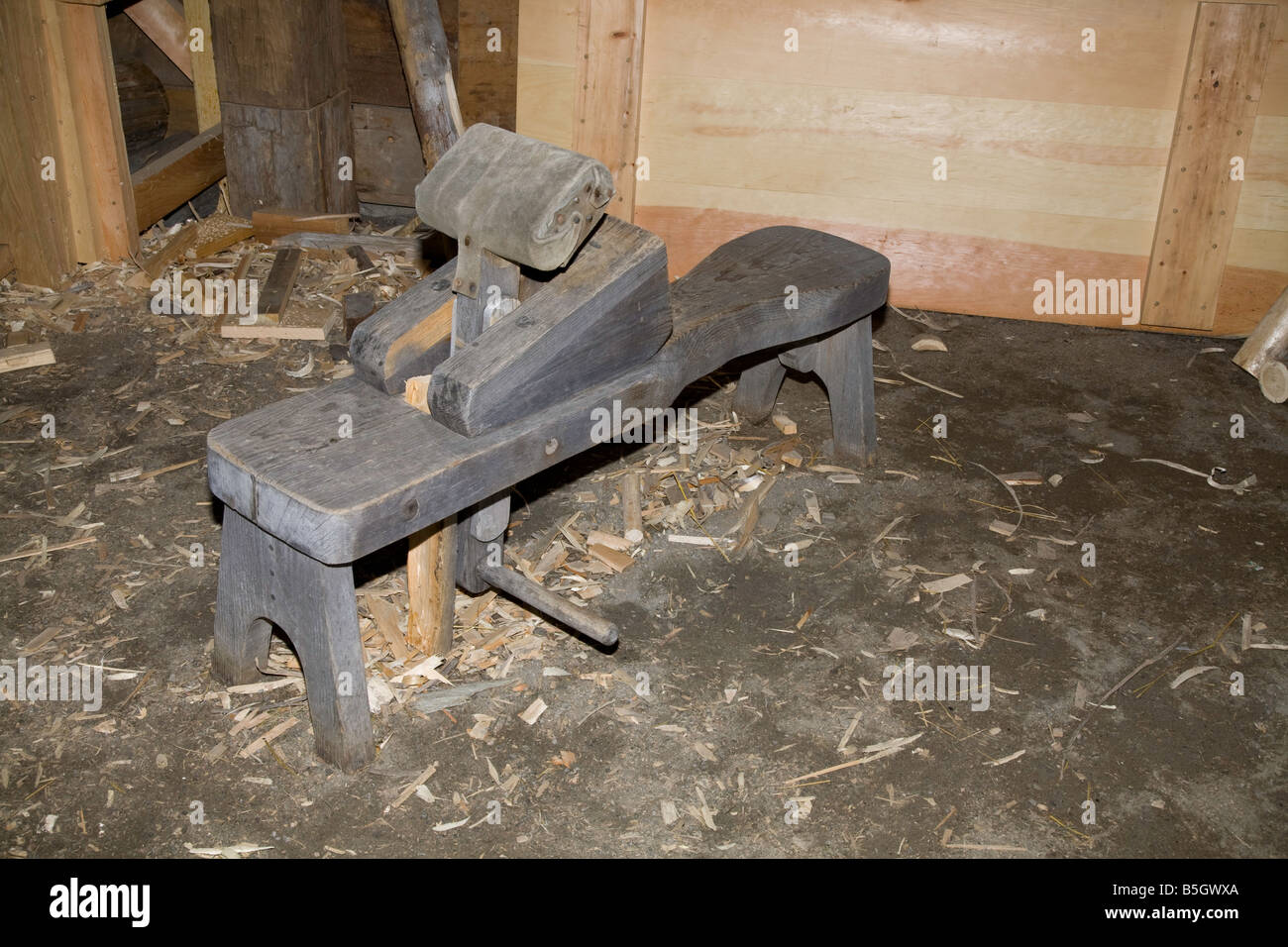Early wood working bench at Huron Indian Native American Aboriginal Village in Midland,Ontario,Canada Stock Photo
