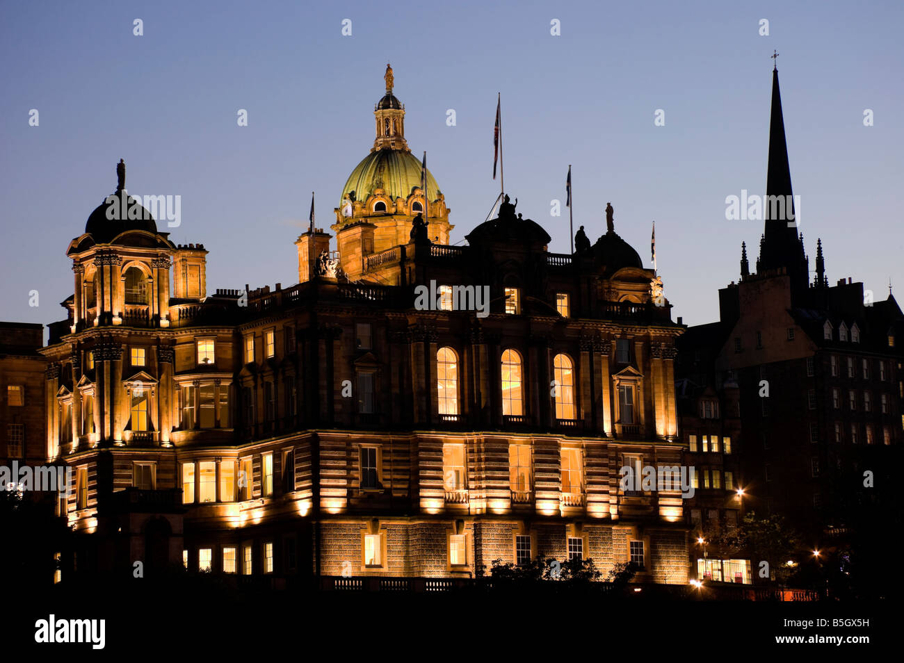 illuminated Lloyds Banking Group Bank of Scotland (formerly Hbos), headquarters, Edinburgh, Scotland, UK, Europe, Stock Photo