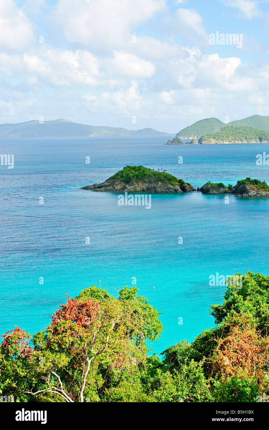 ST JOHN, US Virgin Islands - An elevated view of the waters just off Trunk Bay, St. John, US Virgin Islands, with islands of the British Virgin Islands off in the distance. Stock Photo
