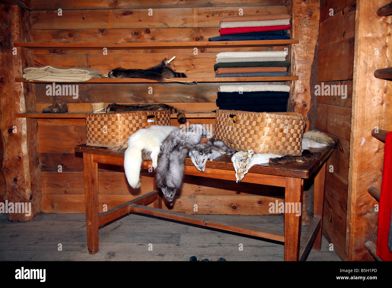 Fur trappers merchandise for sale at ancient Huron-Jesuit Aboriginal Indian Village near Midland,Ontario,Canada Stock Photo