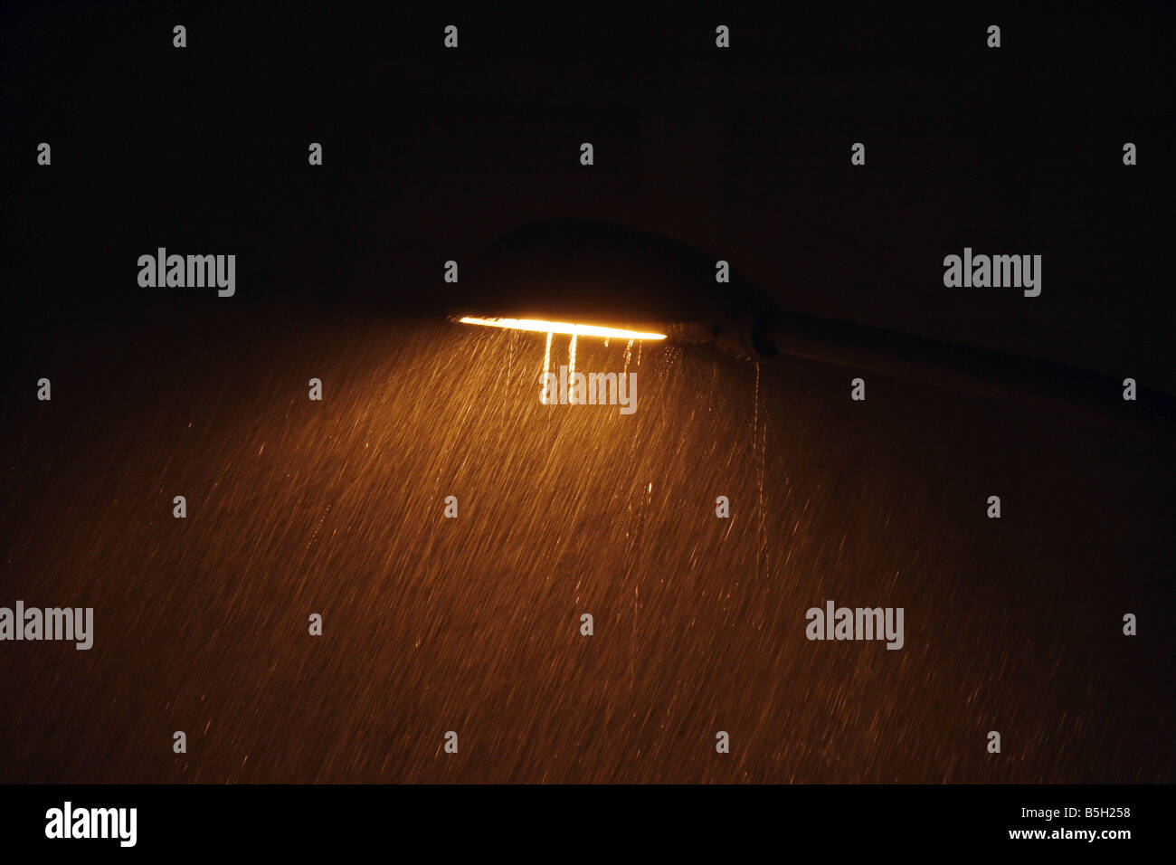 one street lamp in heavy rain at night city town Stock Photo - Alamy
