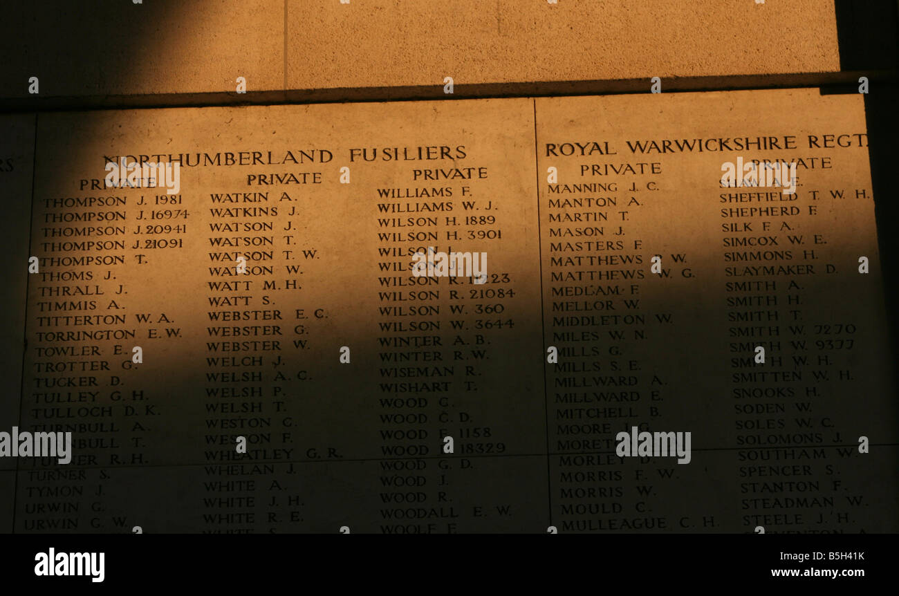 Names of the missing on the walls of the Menin Gate, Ypres. Stock Photo