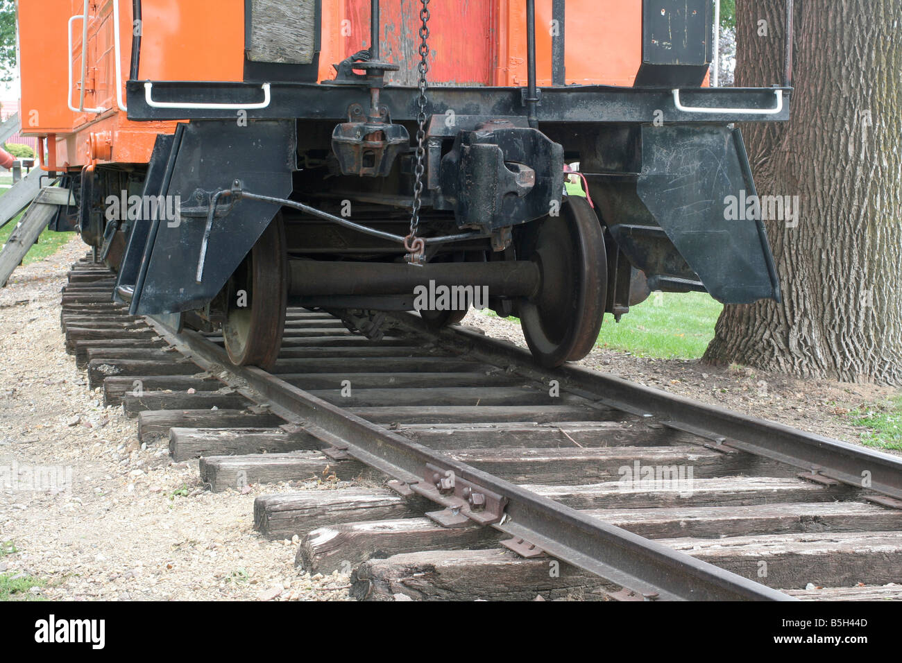 Caboose coupling North American and wheels on rail display in Beadle Park Stock Photo