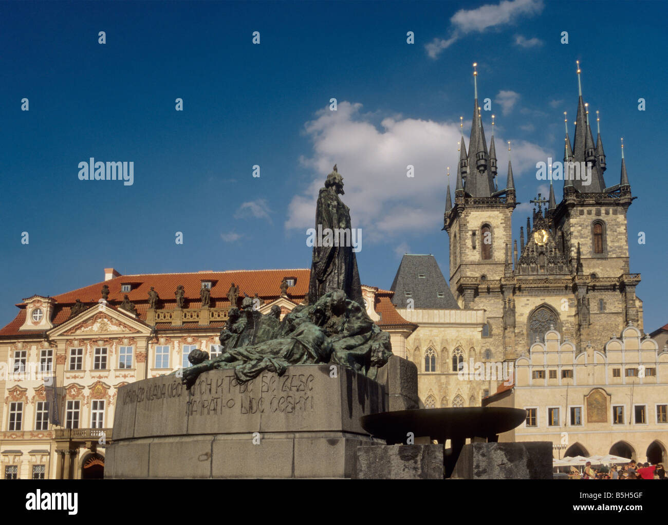 Jan Hus Monument and Tyn Church at Old Town Square in Prague Czech Republic Stock Photo