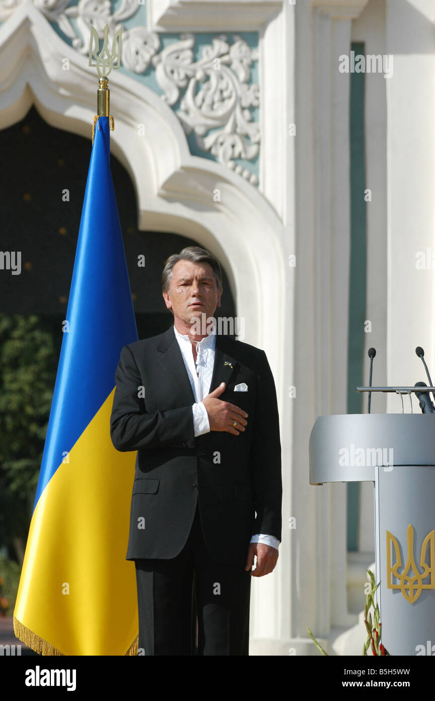 President of Ukraine Viktor Yushchenko listens to Ukraine s anthem in Kyiv August 24 2007 Stock Photo