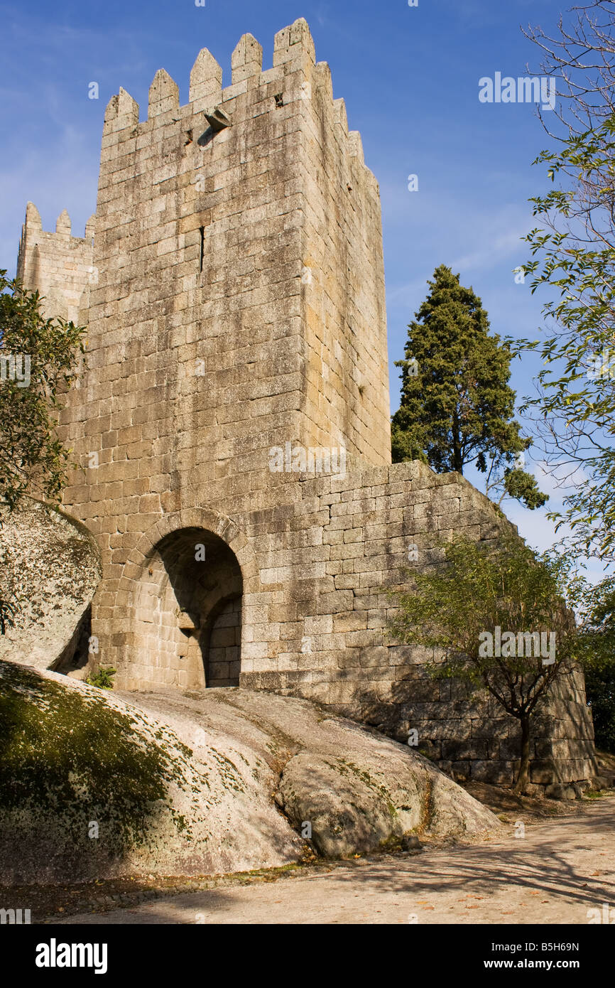 Guimaraes Castle. This is the most known castle in Portugal as it was the birth place of the first Portuguese King. Stock Photo