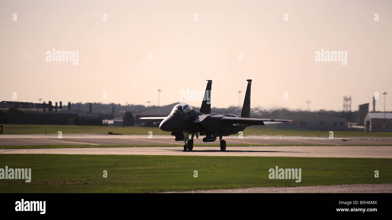 F-15 Strike Eagle E taxi's for take off at RAF Lakenheath in Suffolk England. Stock Photo