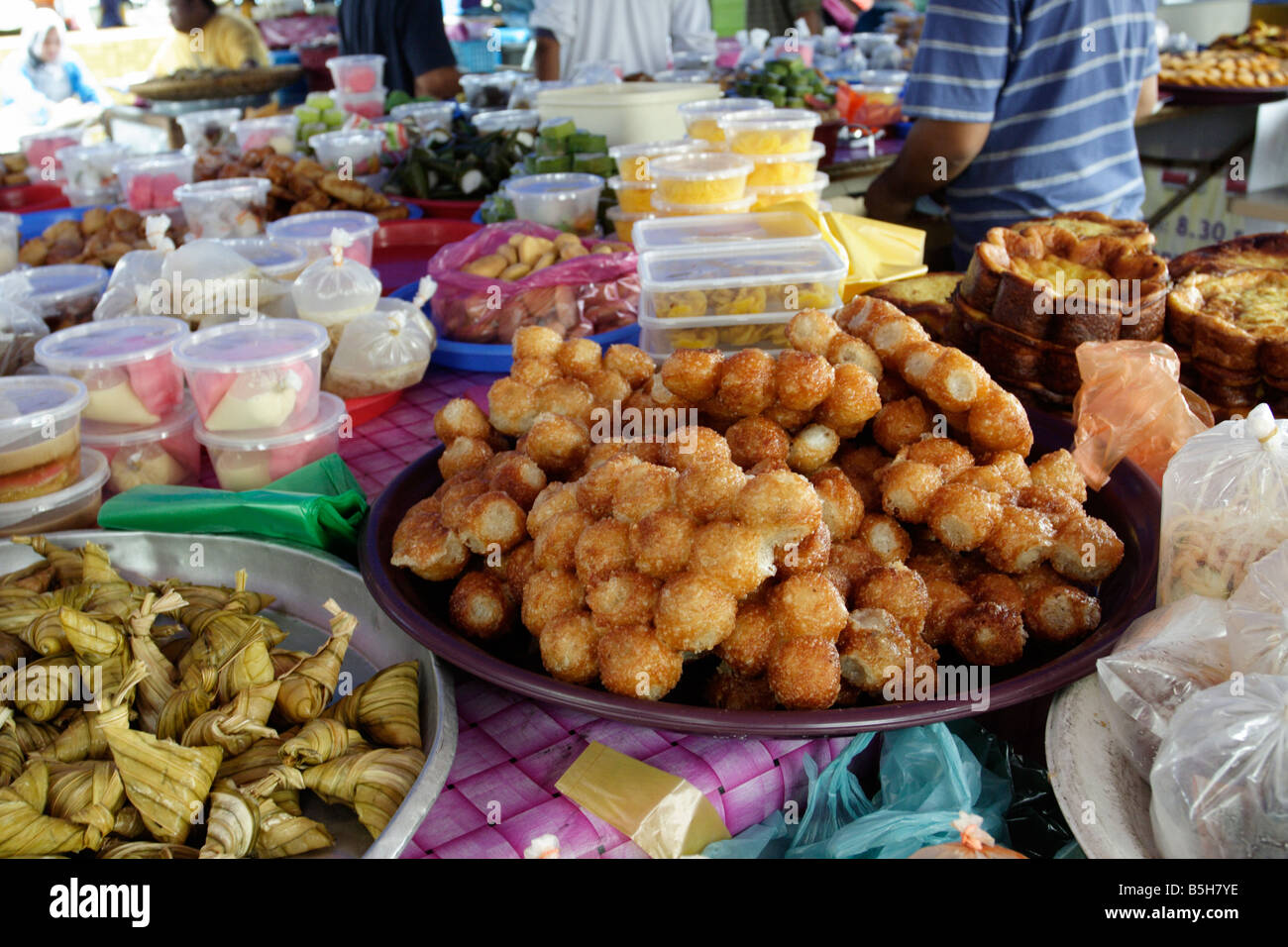 Traditional Malay food at a market during the month of Ramadan in Terengganu, Malaysia. Stock Photo