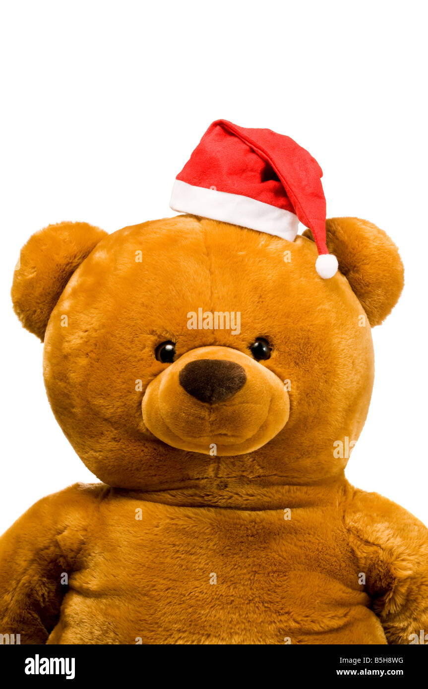 Teddy bear head with Christmas hat isolated on white background Stock ...