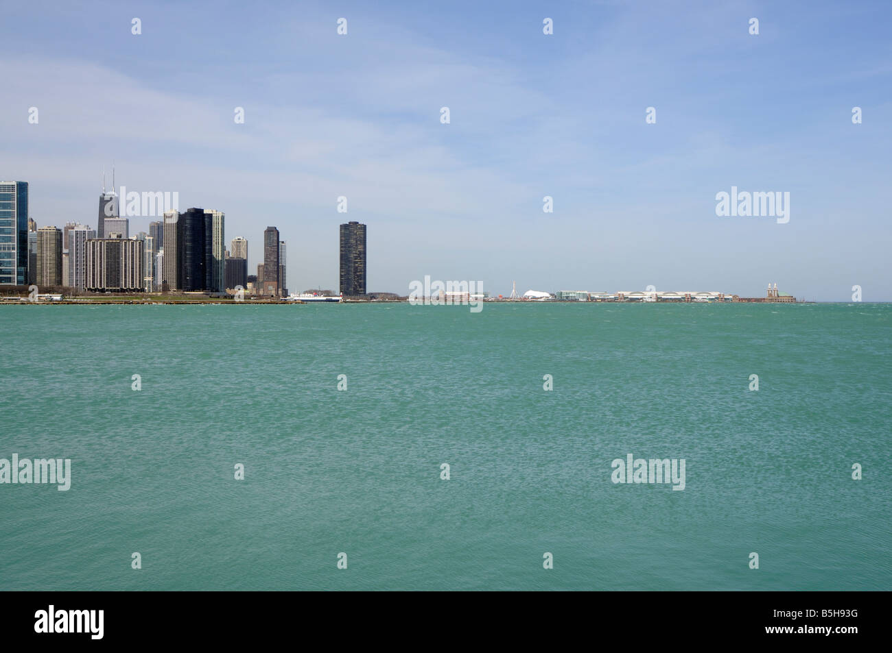 Panoramic view of Chicago, as seen from Adler Planetarium. Chicago. Illinois. USA Stock Photo