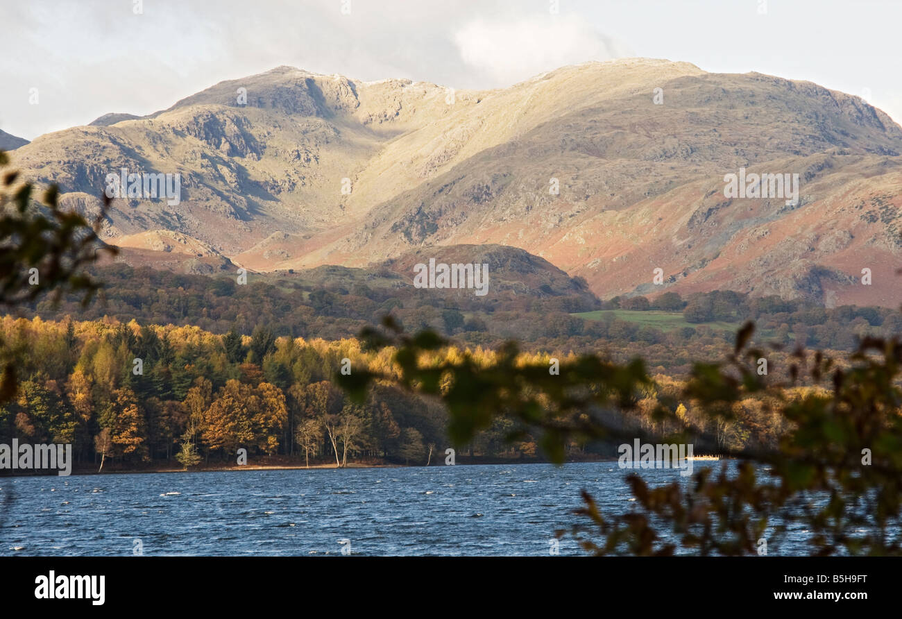 Coniston Water lake with forest and mountains in background. Stock Photo