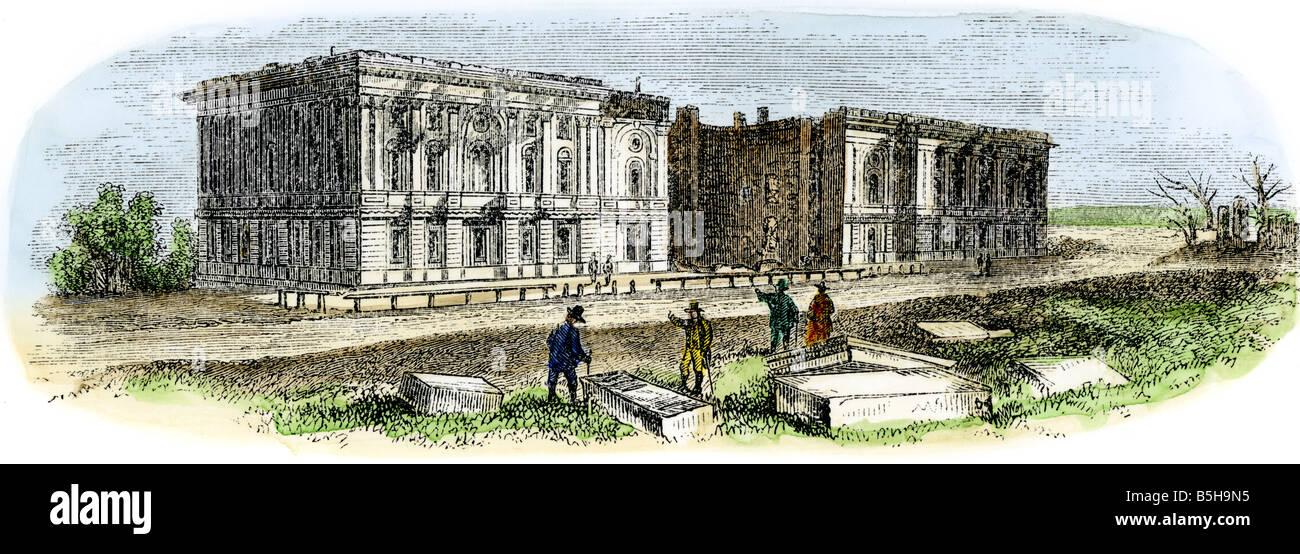 Ruins of the US Capitol after the British burned Washington DC during the War of 1812. Hand-colored woodcut Stock Photo