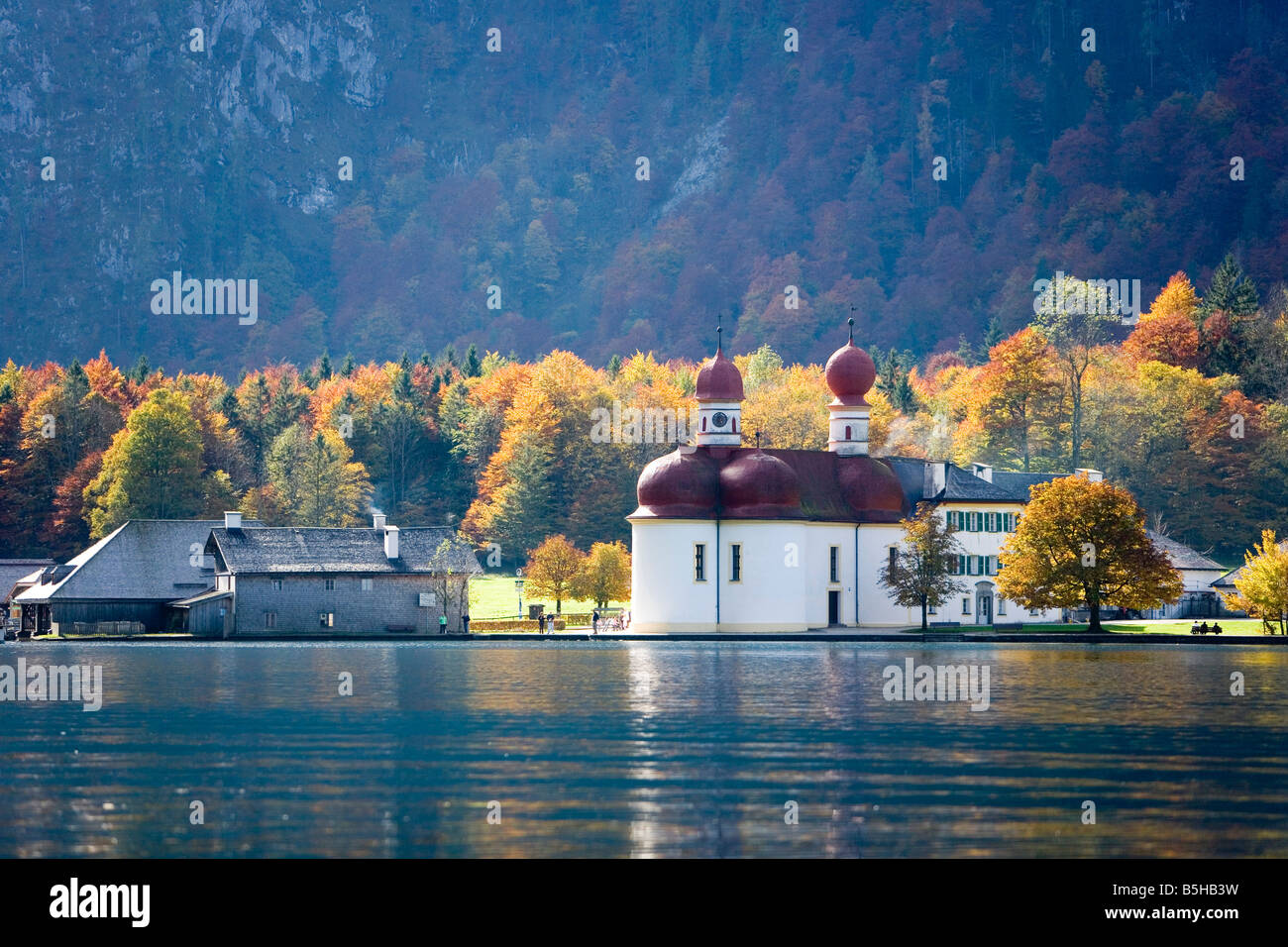 Sankt Bartholomae am Koenigssee, St. Bartholomew pilgrimage church at the Kings Lake Koenigssee Stock Photo