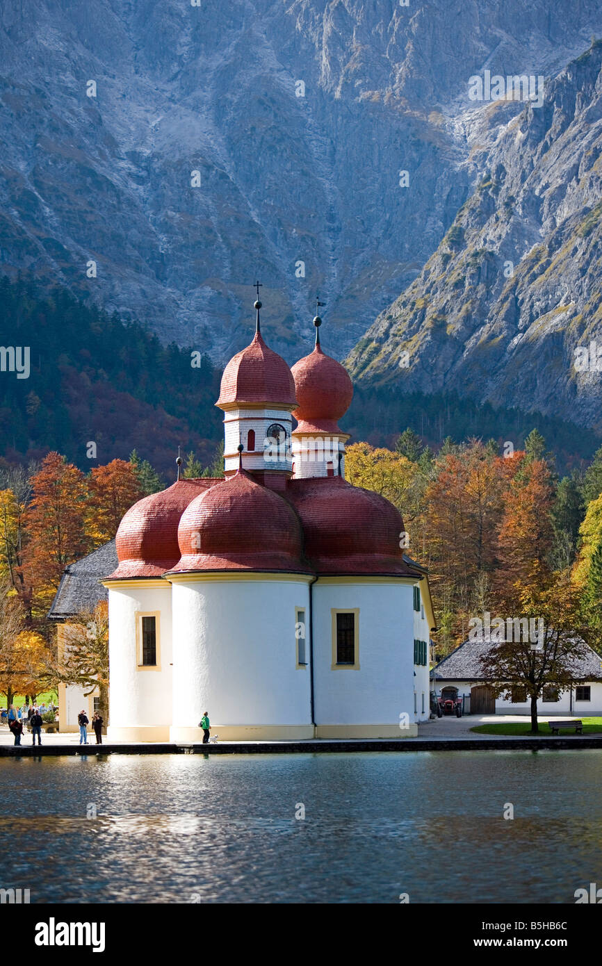 Sankt Bartholomae am Koenigssee, St. Bartholomew pilgrimage church at the Kings Lake Koenigssee Stock Photo